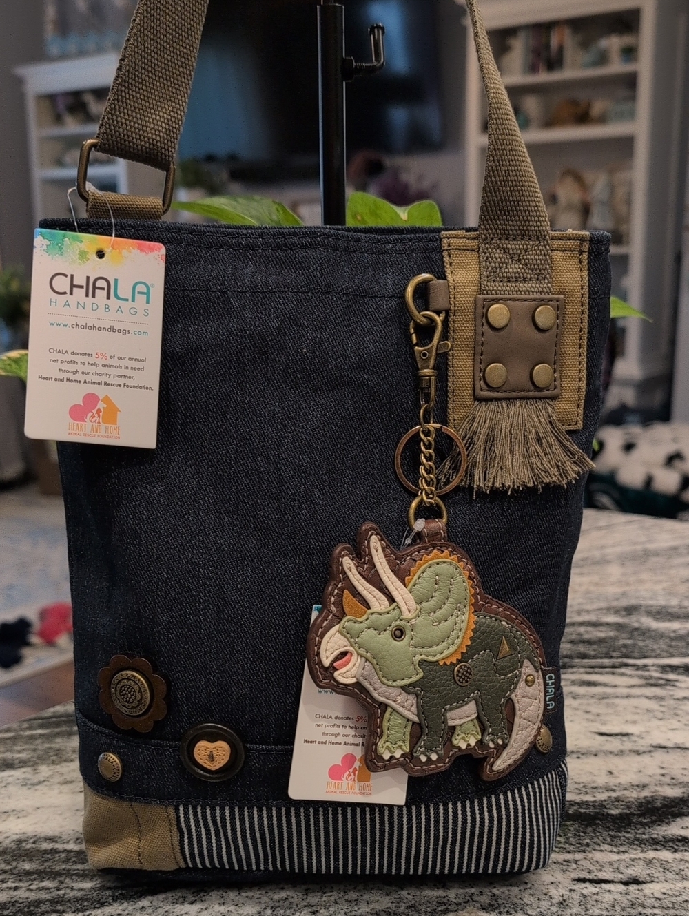 Chala Denim Crossbody Bag with Triceratops Coin Pouch Key Charm